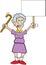 Cartoon angry senior citizen shaking a cane and holding a sign.