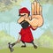 Cartoon angry woodsman with an axe in the woods stops by hand