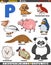 cartoon animal characters for letter P educational set