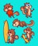 Cartoon animal design squirrels play basketball, wear goggles, sleep, surf and skateboard