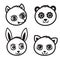 Cartoon animal face element, vector black icon set.