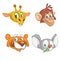 Cartoon animal head icons collection. Vector set of wild animals including giraffe, chimpanzee monkey, tiger and koala bea