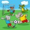 Cartoon animal soccer playing match on football field