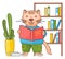 Cartoon animal student or teacher. Smart cat in glasses with a book in his hands reads at a lesson