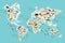Cartoon animal world map for children and kids, Animals from all over the world, white continents and islands on blue