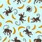 Cartoon animals and bananas isolated on the blue background. Vector Illustration. Hand drawn zoo seamless pattern with monkeys