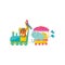 Cartoon animals characters traveling by train. Cute orange tiger, big blue elephant and parrot with colorful feathers