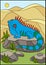 Cartoon animals. Cute blue iguana sits on the rock.