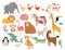Cartoon animals. Cute elephant and lion, giraffe and crocodile, cow and chicken, dog and cat. Farm and savanna animals