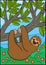 Cartoon animals. Cute lazy sloth hangs on the tree