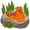 Cartoon animals. Cute orange iguana sits on the rock.