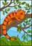 Cartoon animals. Cute orange iguana sits on the tree branch.