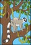 Cartoon animals for kids. Mother lemur stands on the tree branch with her little cute baby.