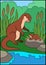 Cartoon animals. Mother otter looks at her little cute baby otter