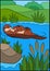 Cartoon animals. Mother otter swims with her sleeping cute baby in the river