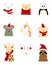 Cartoon animals: mouse, panda and puppy in Santa`s hat; rabbit with Christmas toys; bear and giraffe in scarf; cat in sweater;