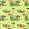 Cartoon animals watercolor seamless pattern isolated on green.