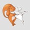 Cartoon animals. White hare hugs the orange squirrel. Vector sticker
