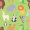 Cartoon animals wildlife wallpaper zoo wild characters background for kids illustration vector seamless pattern with c