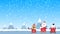 Cartoon animation character of Christmas santa reindeer and snowman in the cart moving pass winter town and mountain with snow fal