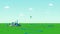 Cartoon animation landscape with blue river, green meadow and a factory on cloudy sky background. Abstract hot air