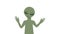 Cartoon animation movie of little green alien man front profile tilt shake head left right flick eyes white background