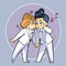 Cartoon anime illustration of two happy handsome men, just married