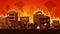 Cartoon apocalyptic city landscape with destroyed building on fire. Cityscape with burn street houses and smoke. Fire in town