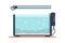 Cartoon aquarium with water and lamp. Empty fish tank template. Square fishbowl with air bubbles and sand. Isolated home