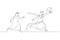 Cartoon of arab businessman get to the finish line winning fierce competition. Single line art style