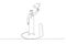 Cartoon of arab businessman holding trophy but get betrayed by someone. Single line art style