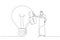 Cartoon of arab businessman owner standing with light bulb idea locked with padlock for patents. Intellectual property. Single