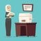 Cartoon arab businesswoman tradidcional female clothing hijab abaya character pile documents in hands office printer
