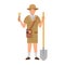 Cartoon archaeologist with a shovel and a tassel, character for children. Flat vector illustration