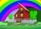 Cartoon architecture house with a great landscape and a rainbow