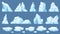 Cartoon arctic ice. Icebergs, blue floes and ice crystals. Icy cliff, cold frozen block of different shapes for game and