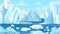 Cartoon arctic landscape. Icebergs, blue pure water glacier and icy cliff snow mountains. Greenland polar nature panoramic vector