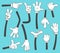 Cartoon arms. Doodle gloved pointing hands, different human point arm. Vintage vector illustration set