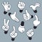 Cartoon arms. Various hands with different gesture, doodle gloved pointing hands, human point arm. Vintage vector