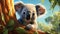 A cartoon art style image of a curious koala peeping out from behind a eucalyptus tree, with a playful expression by AI generated
