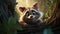 cartoon art style image of a mischievous raccoon peeking out from behind a tree trunk, with a cunning expression by AI generated