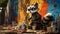 A cartoon art style image of a playful raccoon with a paintbrush, creating a whimsical mural on a city wall by AI generated