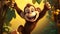 A cartoon art style image of a silly monkey swinging from vine to vine, with a banana peel on its head by AI generated