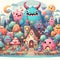 Cartoon art of a whimsical monster village, cute and adorable monsters, fantasy art, cute elements arounds, white background