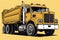 Cartoon of an articulated construction truck on a yellow background.