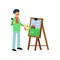Cartoon artist character standing near easel with painting