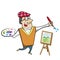 Cartoon Artist with Paintbrush and Canvas Easel