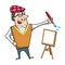Cartoon artist with paintbrush and canvas easel