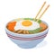 Cartoon asian food bowl. Japanese or Korean seafood, traditional asian cuisine, soup or rice bowl with fried egg, oriental dish