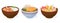 Cartoon asian food bowls. Japanese seafood, traditional asian cuisine, ramen soup and rice bowl, oriental seafood dish flat vector